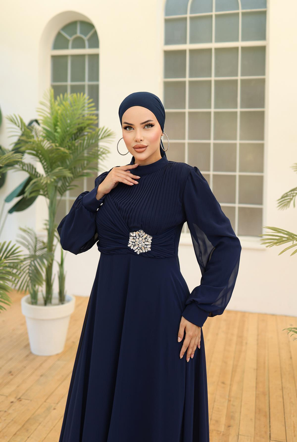 Chiffon Evening Dress with Stone Decoration Detail - Navy Blue
