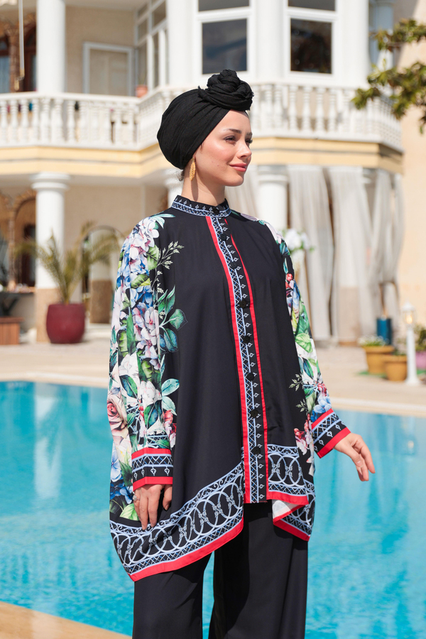 Tasarım Desenli Pantolon Takım - Siyah-Çiçek İşleme