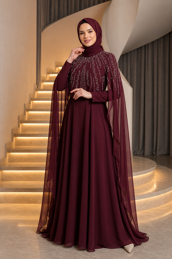 Zümrüt Taş İşleme Pelerin Abiye - Bordo