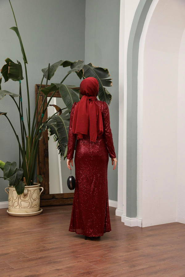 Asil Payetli Abiye - Bordo
