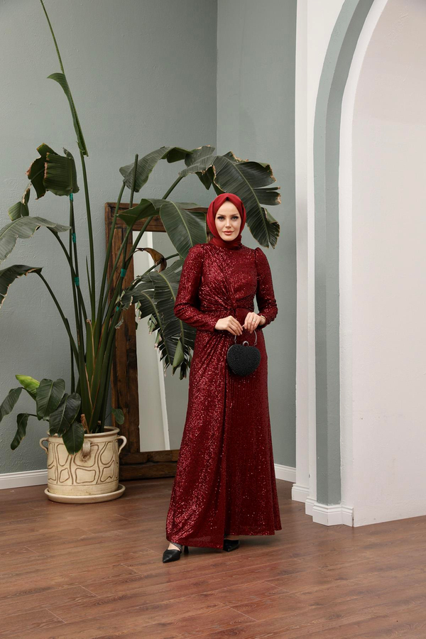 Asil Payetli Abiye - Bordo