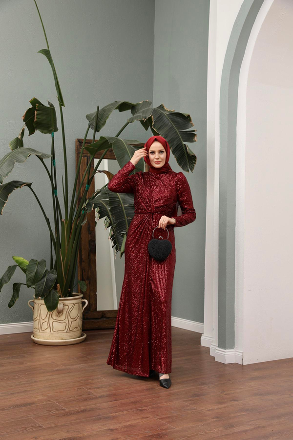 Asil Payetli Abiye - Bordo