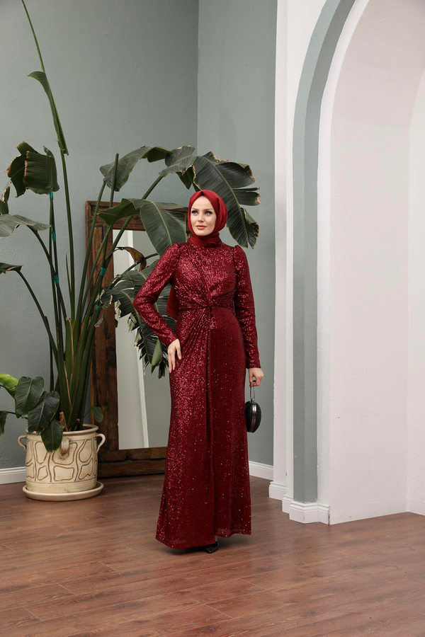 Asil Payetli Abiye - Bordo