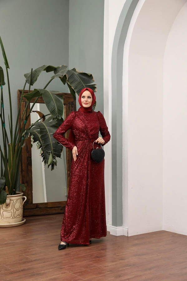 Asil Payetli Abiye - Bordo