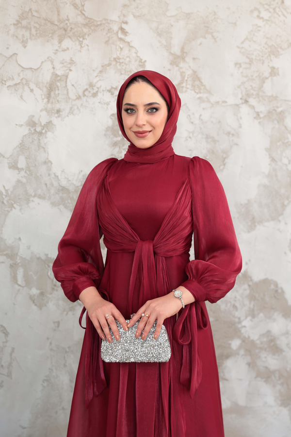 Bağlama Detaylı Işıltı Abiye - Bordo