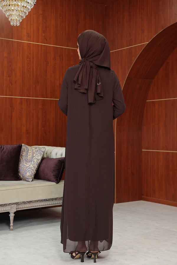 Başak Çizgi Detay Abaya - Kahverengi