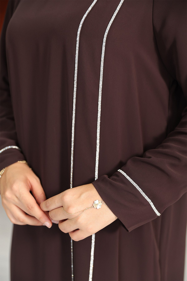 Başak Çizgi Detay Abaya - Kahverengi