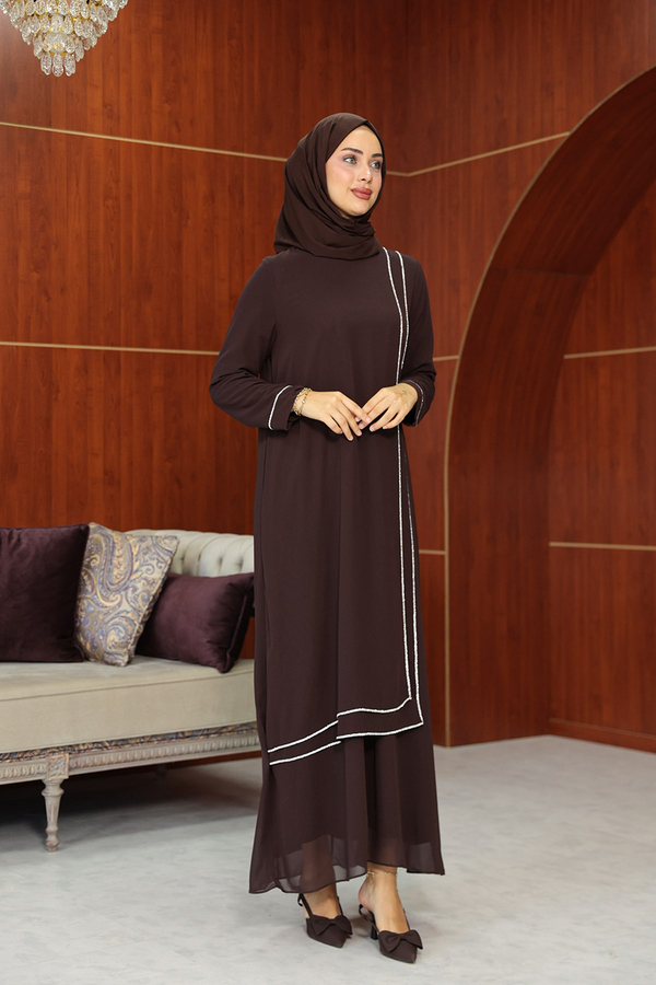 Başak Çizgi Detay Abaya - Kahverengi