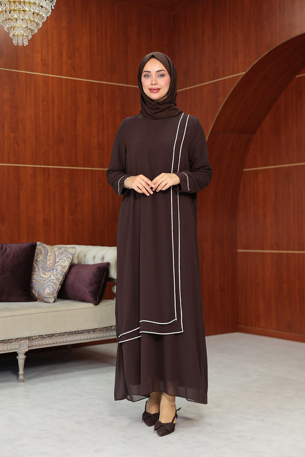 Başak Çizgi Detay Abaya - Kahverengi