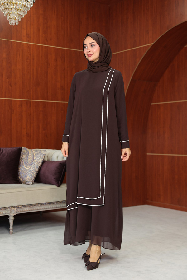Başak Çizgi Detay Abaya - Kahverengi