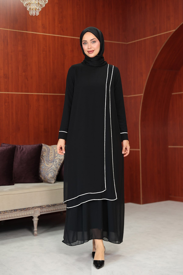 Başak Çizgi Detay Abaya - Siyah