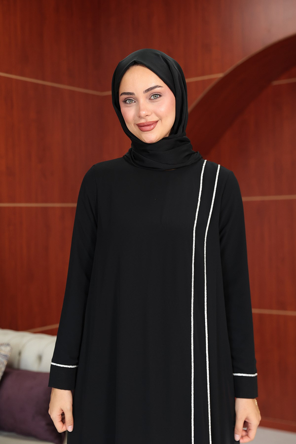 Başak Çizgi Detay Abaya - Siyah