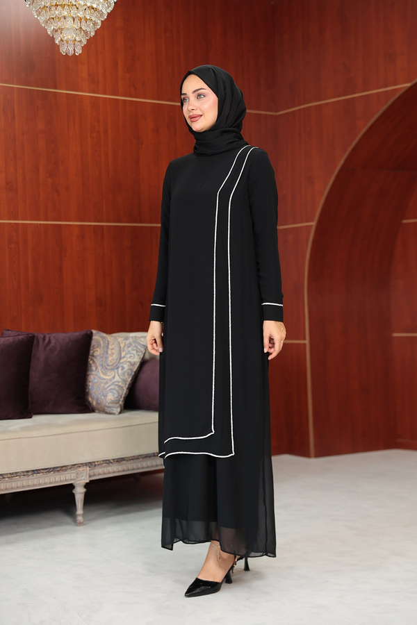 Başak Çizgi Detay Abaya - Siyah