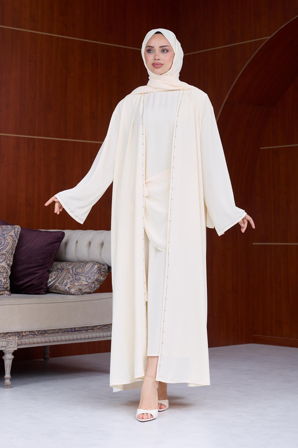 Berinda Taş Şerit Detaylı Abaya - Krem