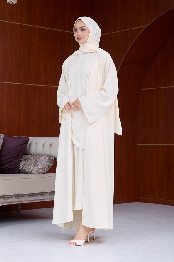 Berinda Taş Şerit Detaylı Abaya - Krem