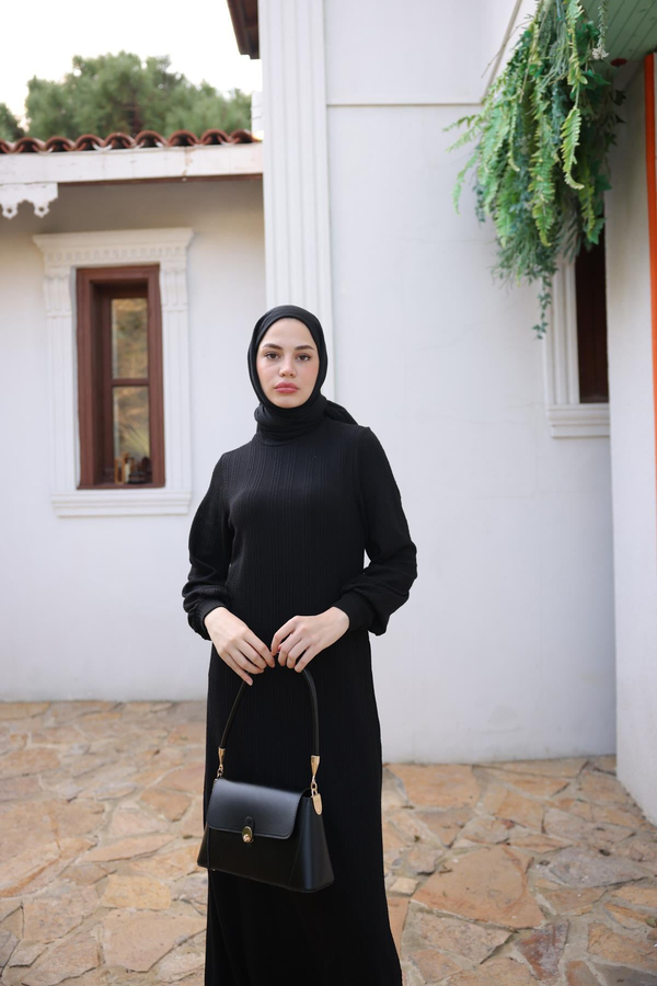Boğazlı Triko Elbise - Siyah