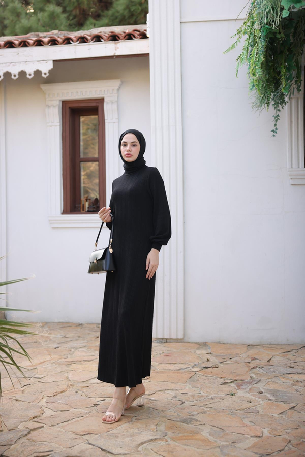 Boğazlı Triko Elbise - Siyah