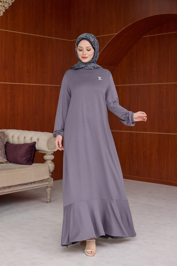 Broş Detay Günlük Elbise - Gri
