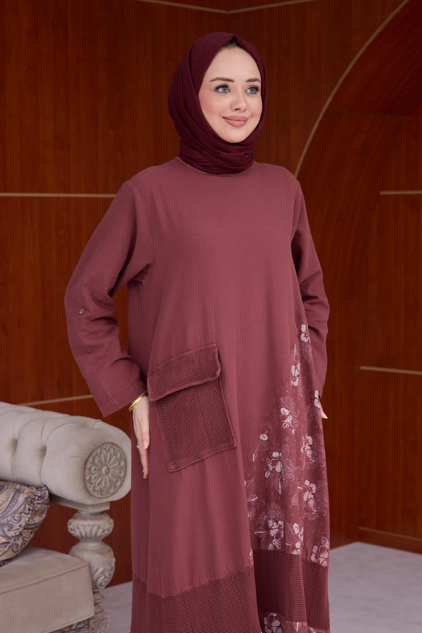 Çiçek Desen Tensel Elbise - Bordo
