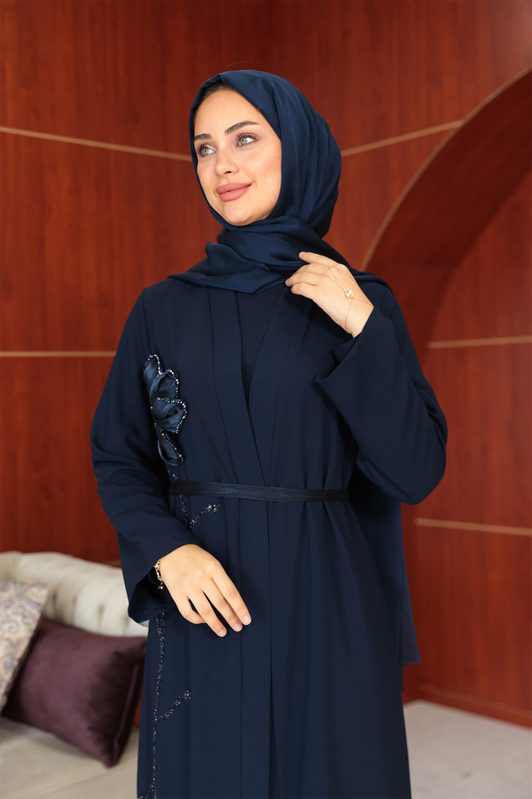 Çiçek Tasarım Detay Abaya - Lacivert