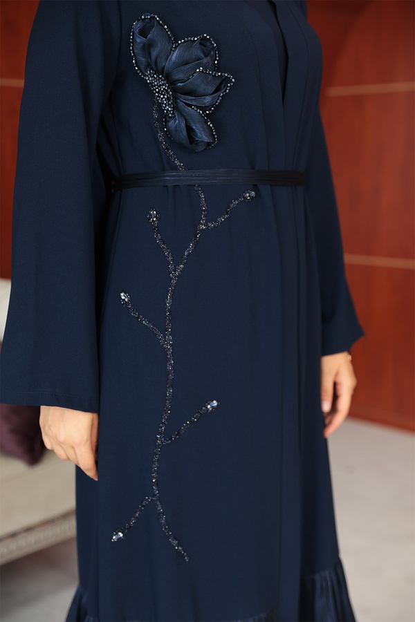 Çiçek Tasarım Detay Abaya - Lacivert