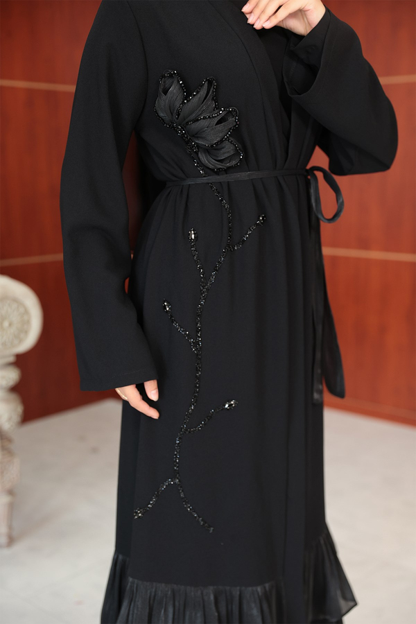 Çiçek Tasarım Detay Abaya - Siyah