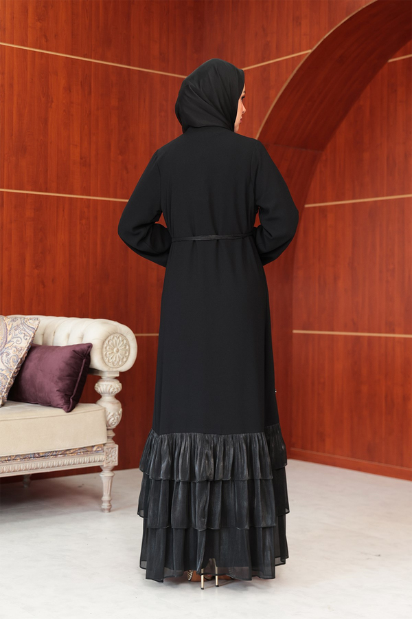 Çiçek Tasarım Detay Abaya - Siyah