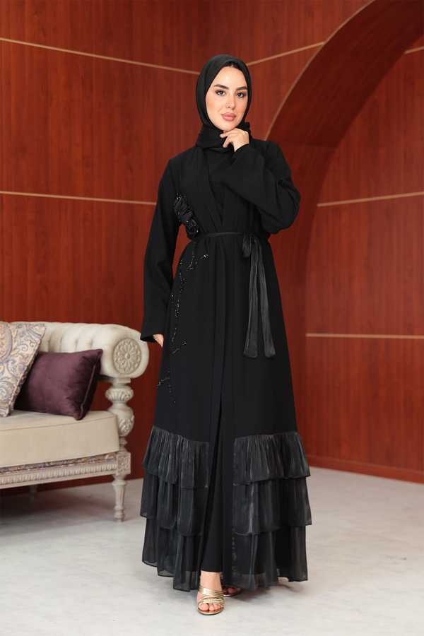 Çiçek Tasarım Detay Abaya - Siyah