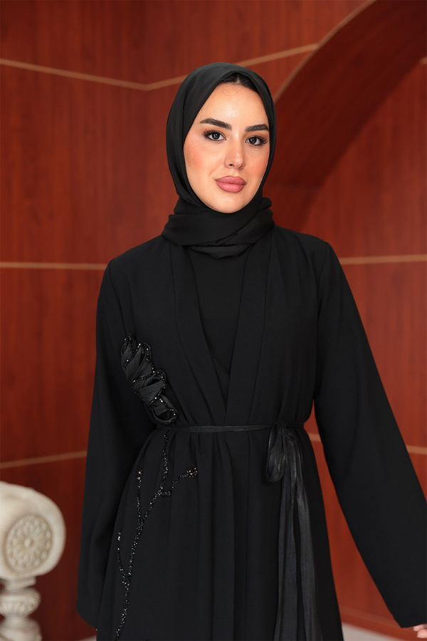 Çiçek Tasarım Detay Abaya - Siyah