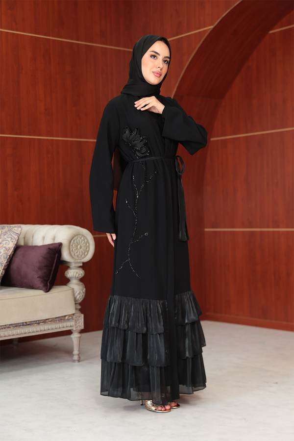 Çiçek Tasarım Detay Abaya - Siyah