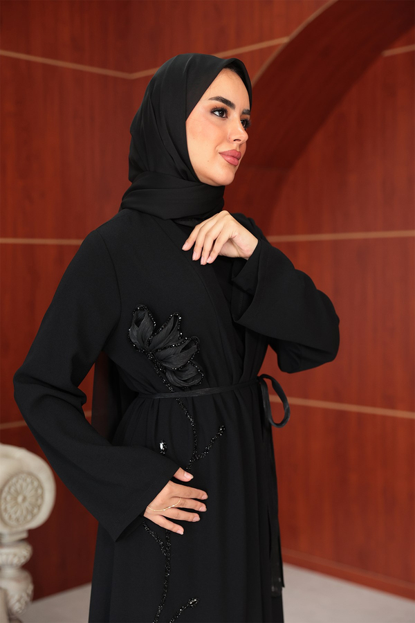 Çiçek Tasarım Detay Abaya - Siyah