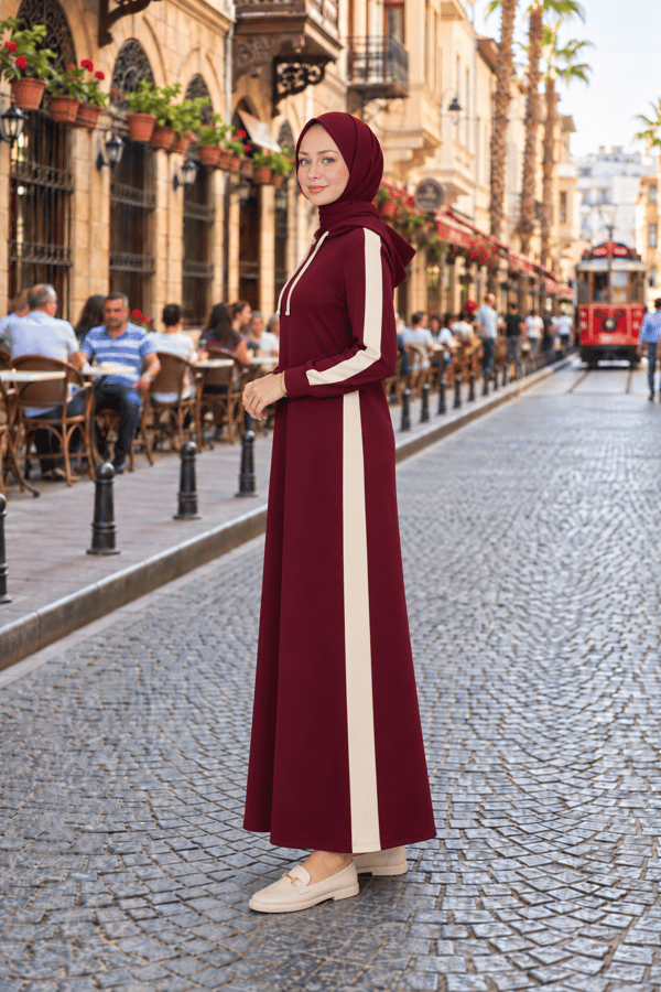 Çizgi Detay Kapüşonlu Elbise - Bordo