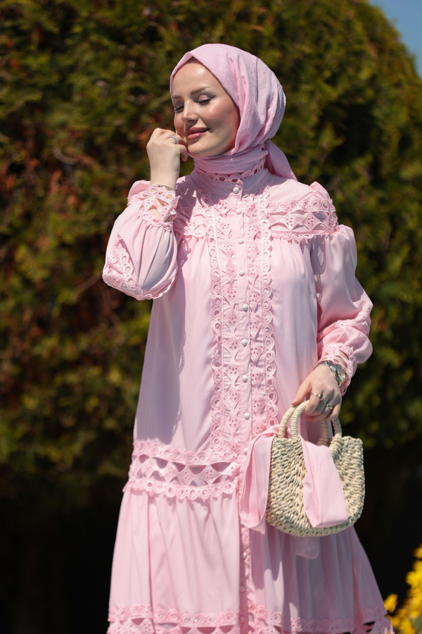 Deniz Dantel Detay Elbise - Pembe