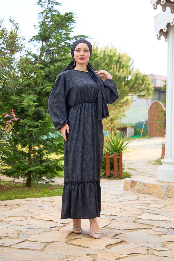 Deniz Desenli Elbise - Siyah