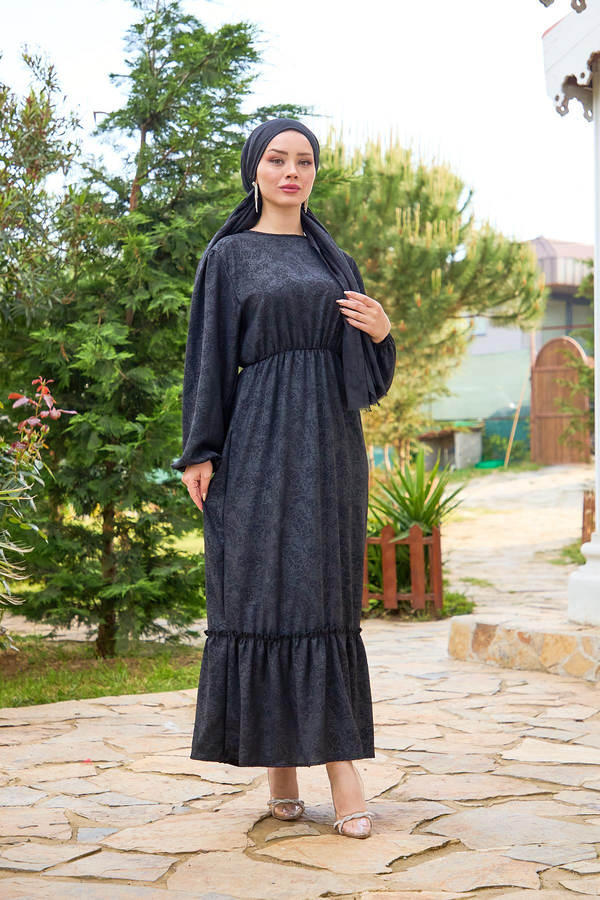 Deniz Desenli Elbise - Siyah
