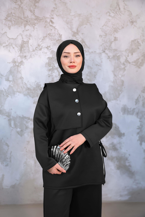 Düğme Detay Scuba Takım - Siyah