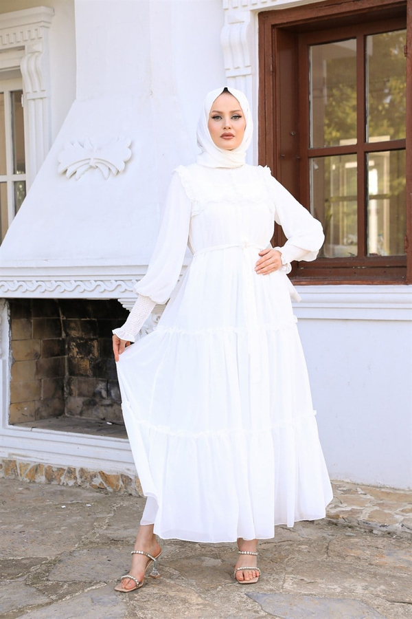 Button Detailed Chiffon Dressy - White