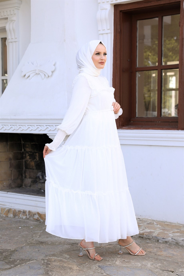 Button Detailed Chiffon Dressy - White