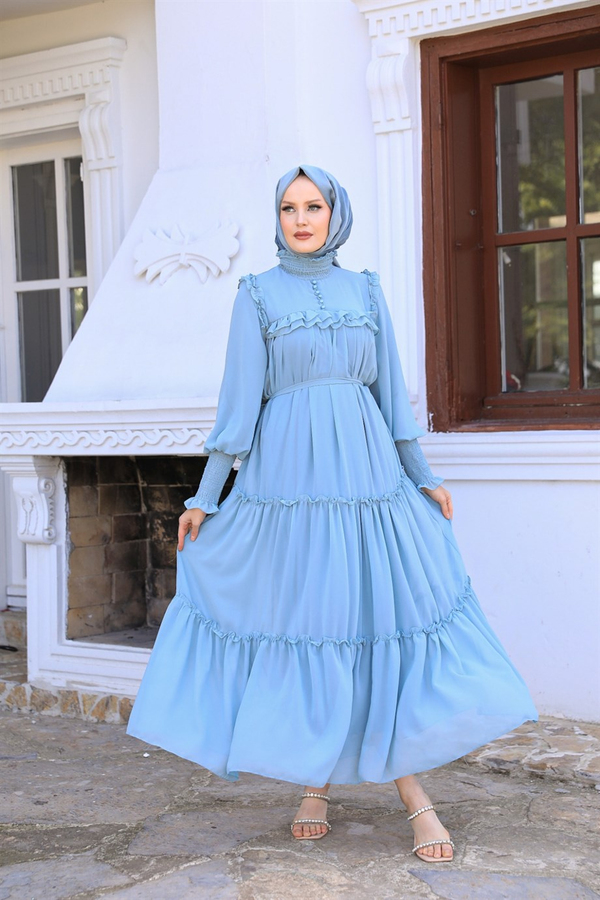 Button Detailed Chiffon Dressy - Ice Blue