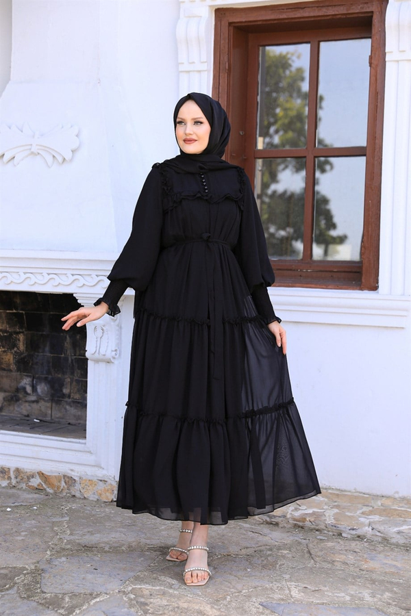 Button Detailed Chiffon Dressy - Black