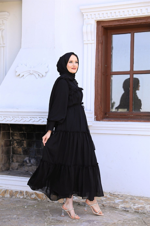 Button Detailed Chiffon Dressy - Black
