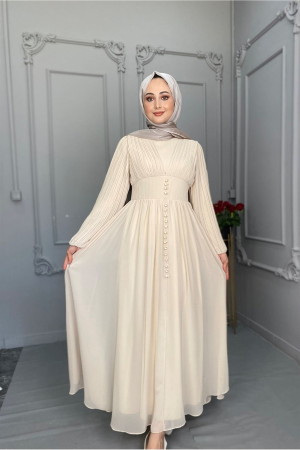 Düğmeli Şifon Elbise - Krem