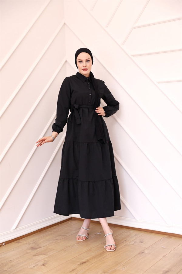 Button Detailed Terikoton Dress - Black