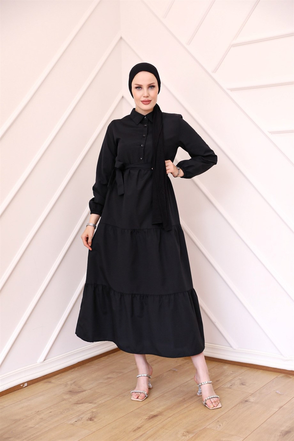 Button Detailed Terikoton Dress - Black