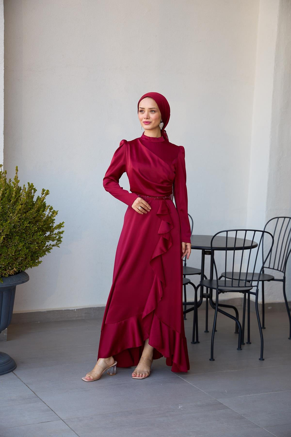 Eteği Detaylı Kobe Saten Abiye - Bordo