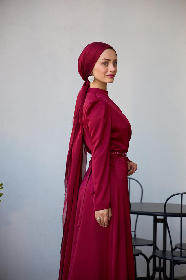 Eteği Detaylı Kobe Saten Abiye - Bordo
