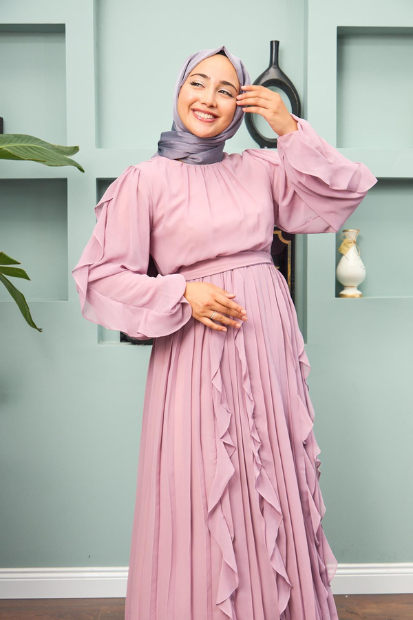 Eteği Katlı Abiye - Pembe