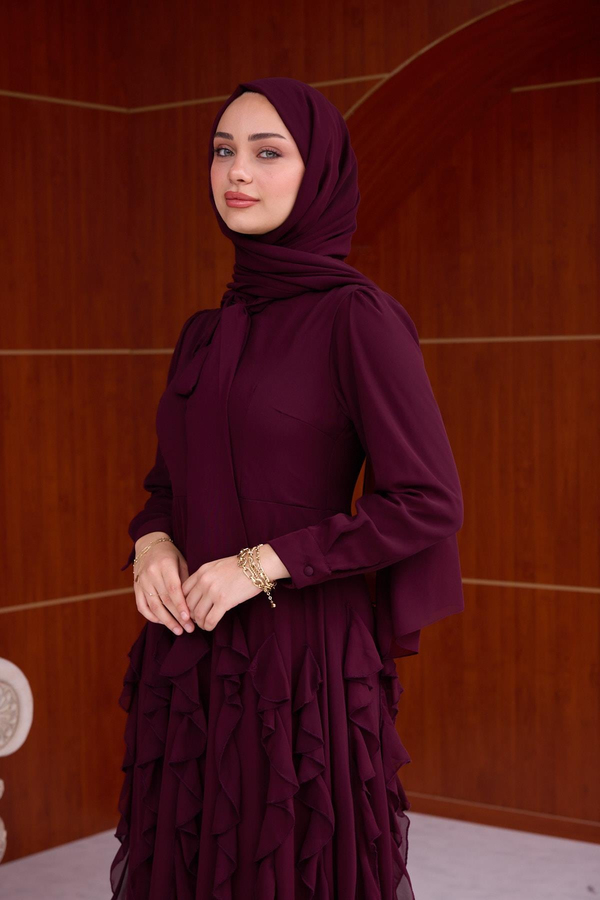 Feyza Fırfır  Detay Şifon Elbise - Bordo
