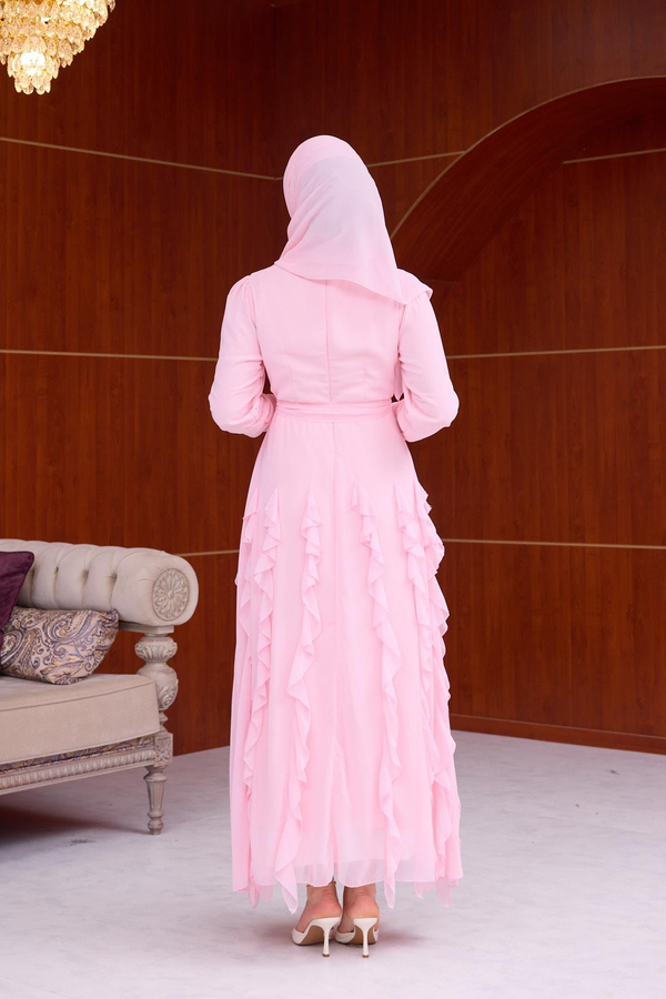 Feyza Fırfır  Detay Şifon Elbise - Pembe