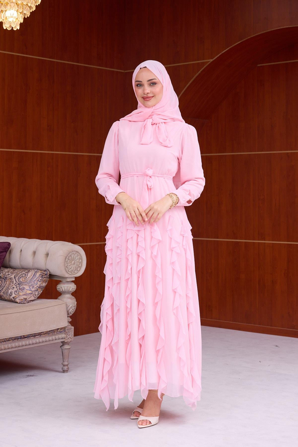 Feyza Fırfır  Detay Şifon Elbise - Pembe